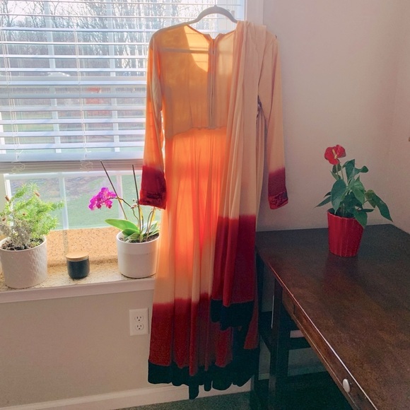 Vintage Indian Bollywood Velvet Trim Chiffon Anarkali Dress and Dupatta Set - Picture 3 of 8